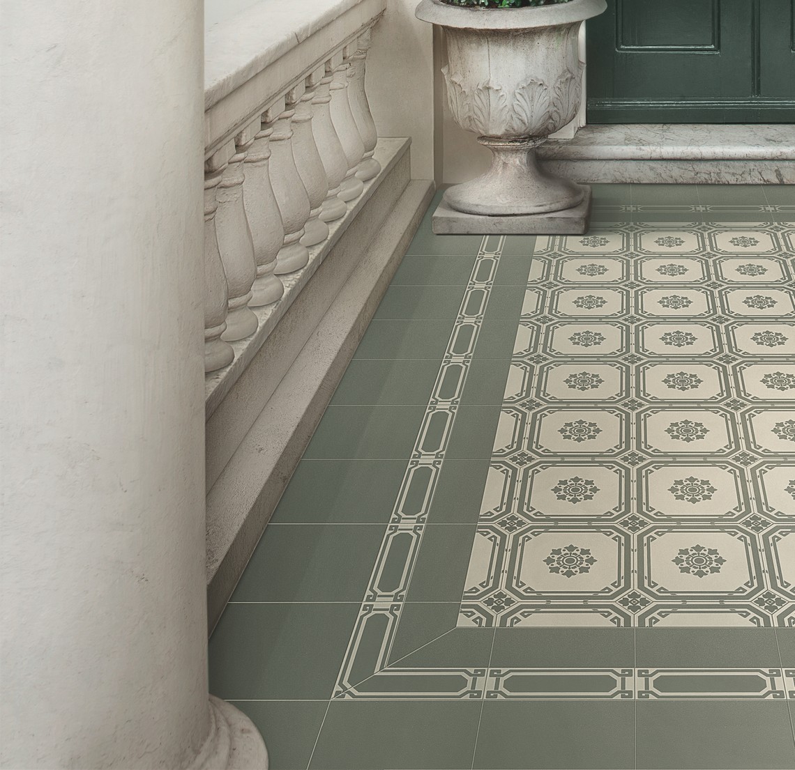 płytka Ceramiche Grazia Old England Bath przykładowa aranżacja wzorzystej podłogi w kolorze zielonym