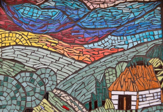 Mozaika artystyczna chata na wzgórzu z mozaiki Briare. Pracownia Dozaika