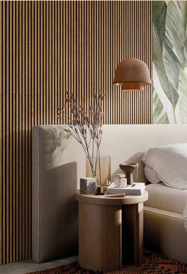 Projekt salonu według włoskiego producenta Rondine Ceramica z lamelami ceramicznymi drewnopodobnymi 3D Honey Black Canne.