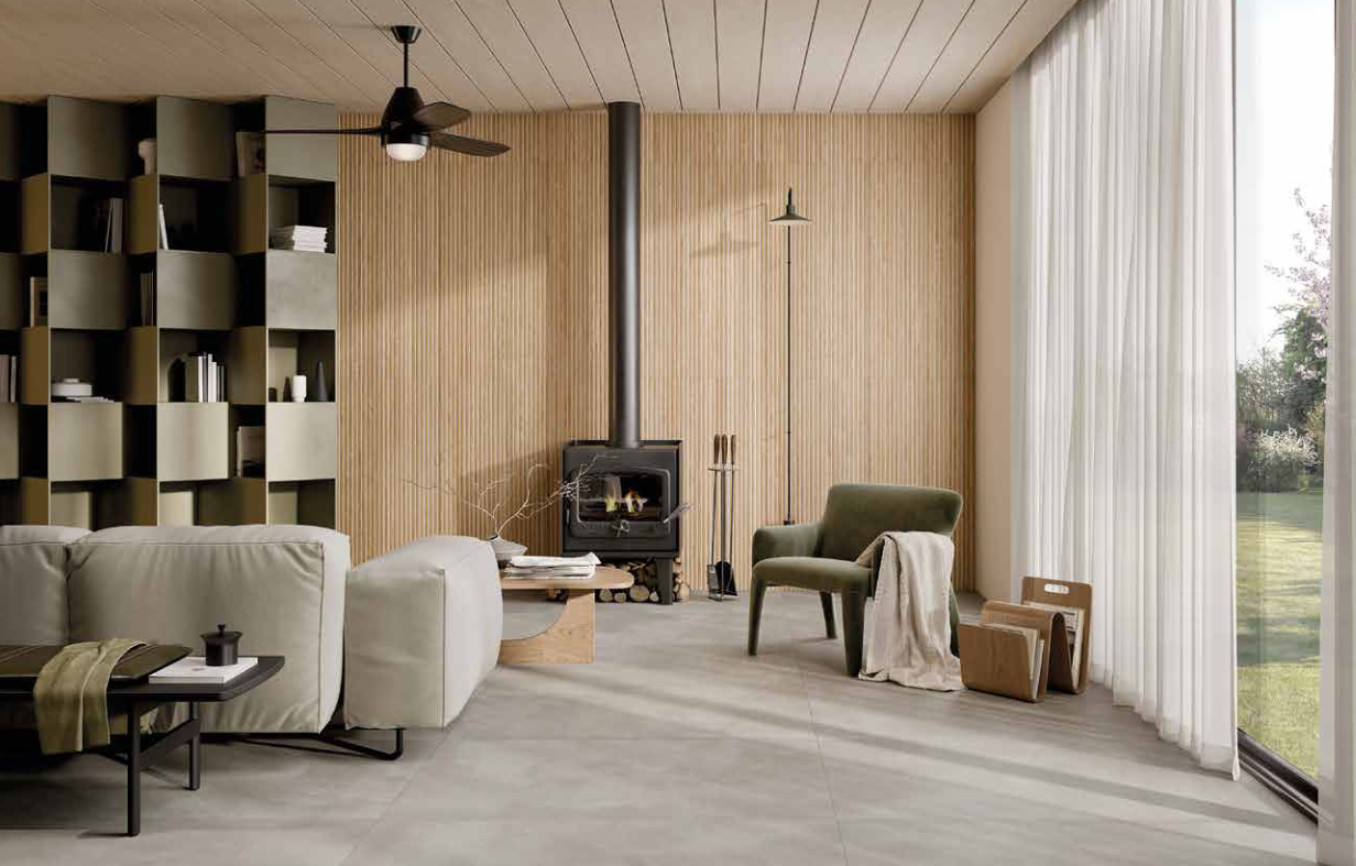 Aranżacja salonu według włoskiego producenta Rondine Ceramica z lamelami ceramicznymi drewnopodobnymi 3D Ecru Canne.