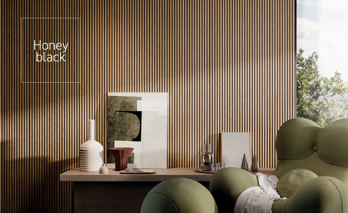 Projekt nowoczesnego salonu według włoskiego producenta Rondine Ceramica z lamelami ceramicznymi drewnopodobnymi 3D Honey Black Canne.