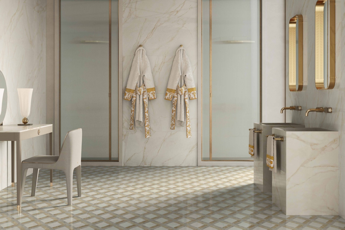 Luksusowy gres marmur z efektem 3D do prestiżowych wnętrz włoskiego producenta Versace Ceramics z serii Tarsia Lozenge Avorio Lux 3D