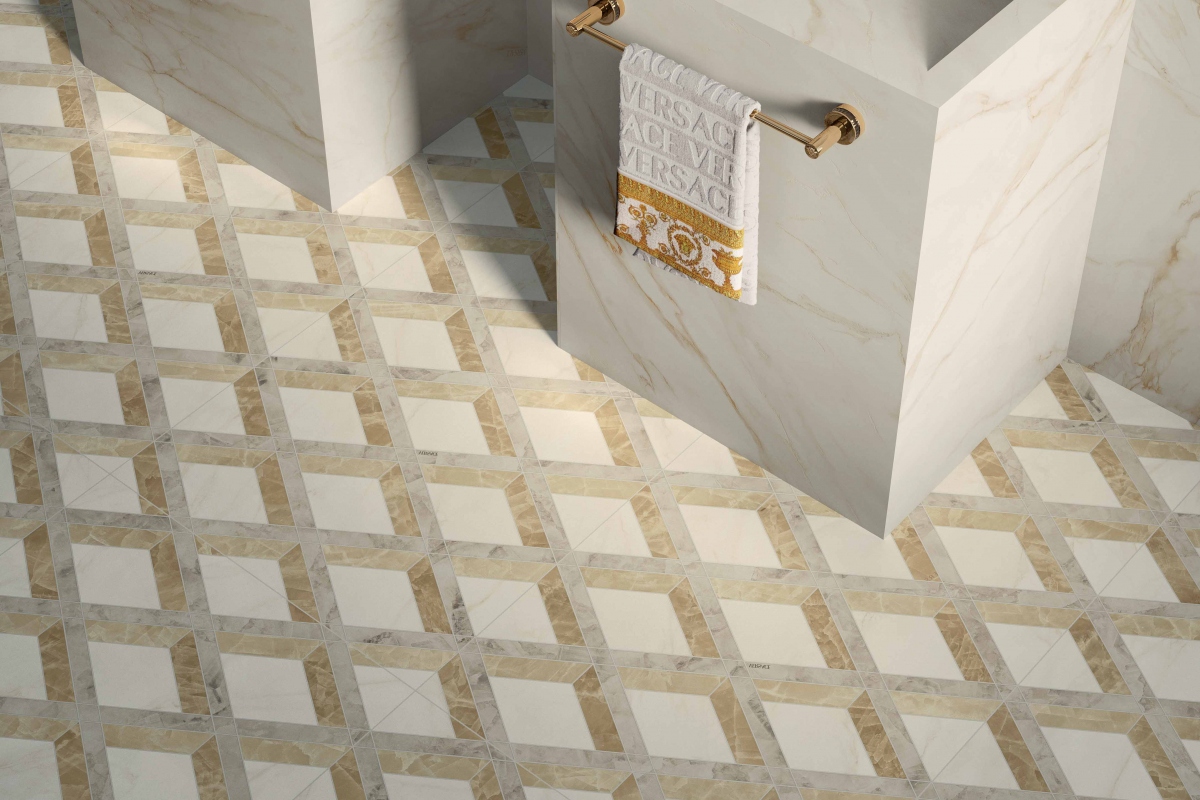 Pokój kąpielowy w stylu Versace z płytką Tarsia Lozenge Avorio Lux 3D