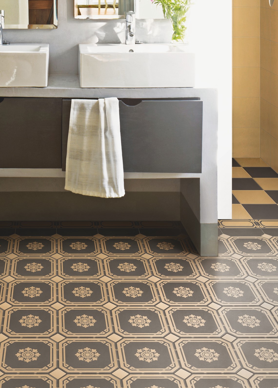 płytka Ceramiche Grazia Old England przykładowa aranżacja - wzorzysta podłoga łazienka