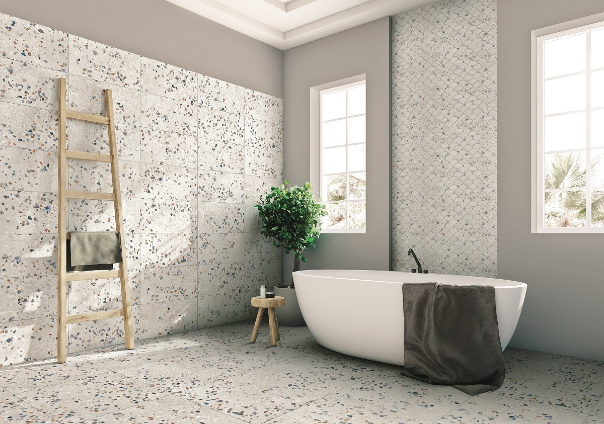 Płytki lastryko ART White 60x60 i 30x60 , w stylistyce oryginalnego cementowego terazzo kolor biały, przykładowa aranżacja łazienki