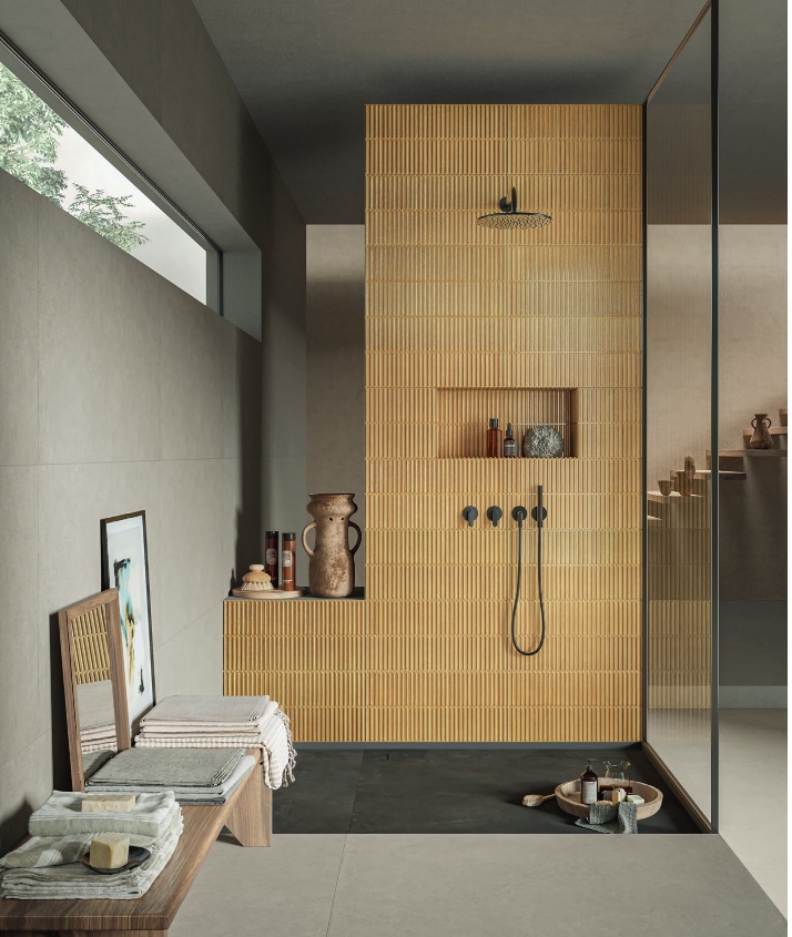 Musztardowe płytki 3 D w prążki do łazienki Piemme Homey Stripes Mustard Glossy