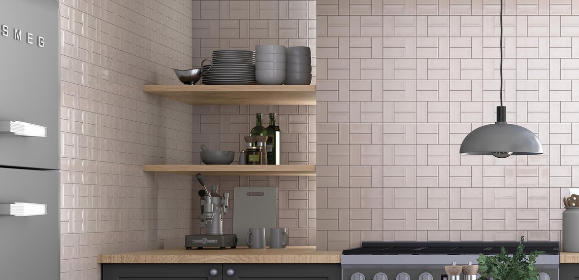 Vogue Twins WT Ghiaccio przykładowa aranżacja kuchni, płytki ceramiczne, małe cegiełki 5x10 cm kolor biały