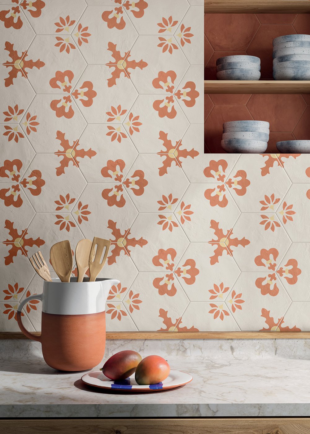 płytki sześciokątne z wzorem vintage z serii Terra Art włoskiego producenta Marca Corona.